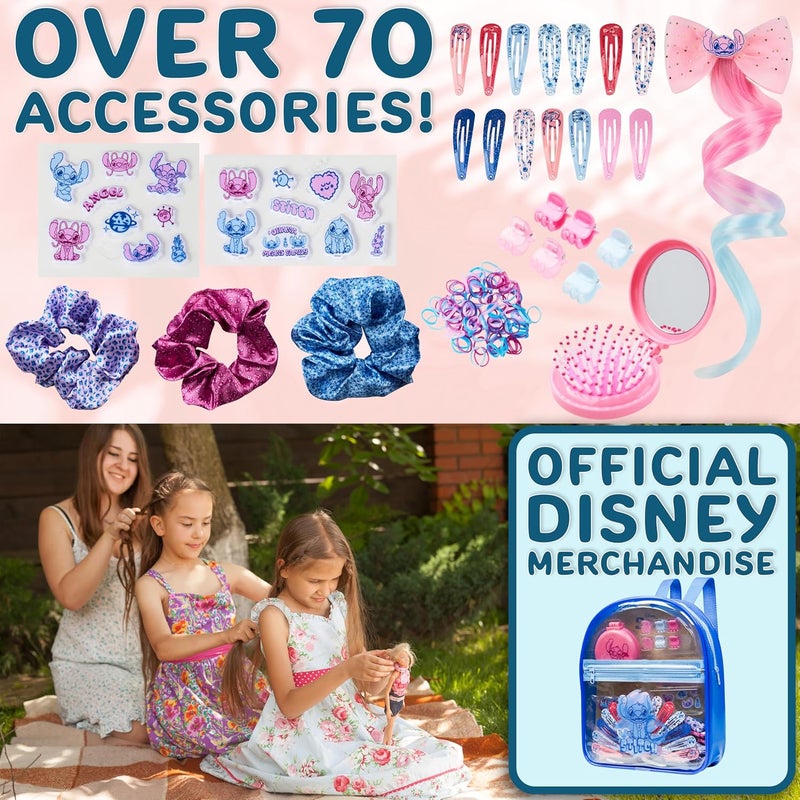 Get Trend Disney Stitch Hair Accessories Clear Backpack Set Gifts for Girls, Hair Ties, Clips, Stickers, Brush, Bands, Scrunchies, Cute Travel Bag (Blue Stitch) - Image 2